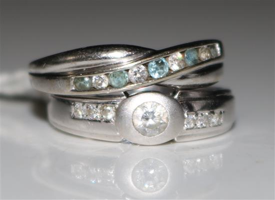 Diamond solitaire ring, 9ct white gold setting and a similar diamond and aquamarine half eternity ring